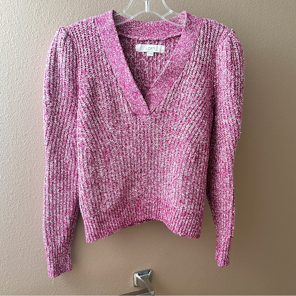 💥5/$15 LOFT Marled Ribbed V-Neck Sweater - Light Fresh Magenta